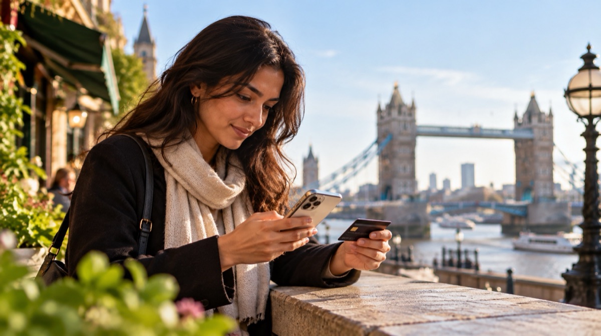 Woman sending money from the UK to India by phone near Tower Bridge, London