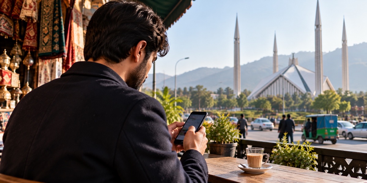 Man checking a transfer on his phone at a café facing the Faisal Mosque, Islamabad