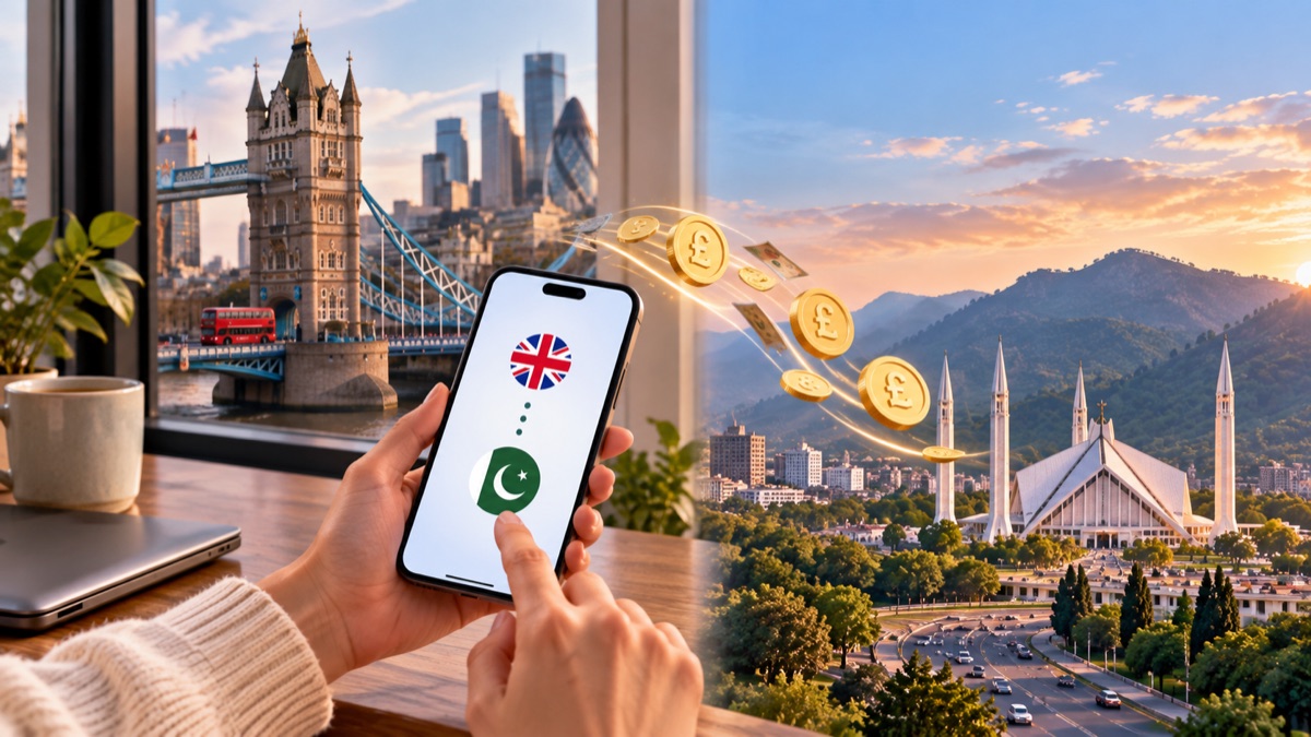 Sending money from the UK to Pakistan by phone — Tower Bridge to the Faisal Mosque