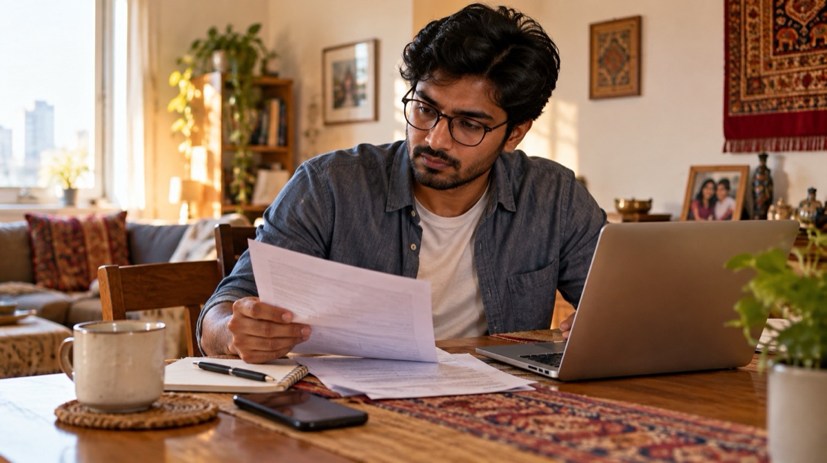 Man reviewing transfer paperwork and a laptop before sending money from the US to India