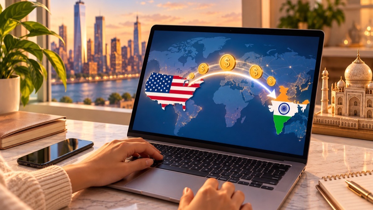Sending money from the US to India online — laptop showing a transfer from the US to India