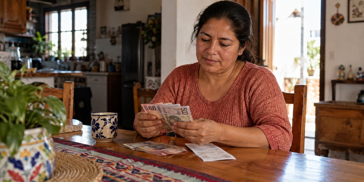 Woman in Mexico counting peso notes received from the US at her kitchen table