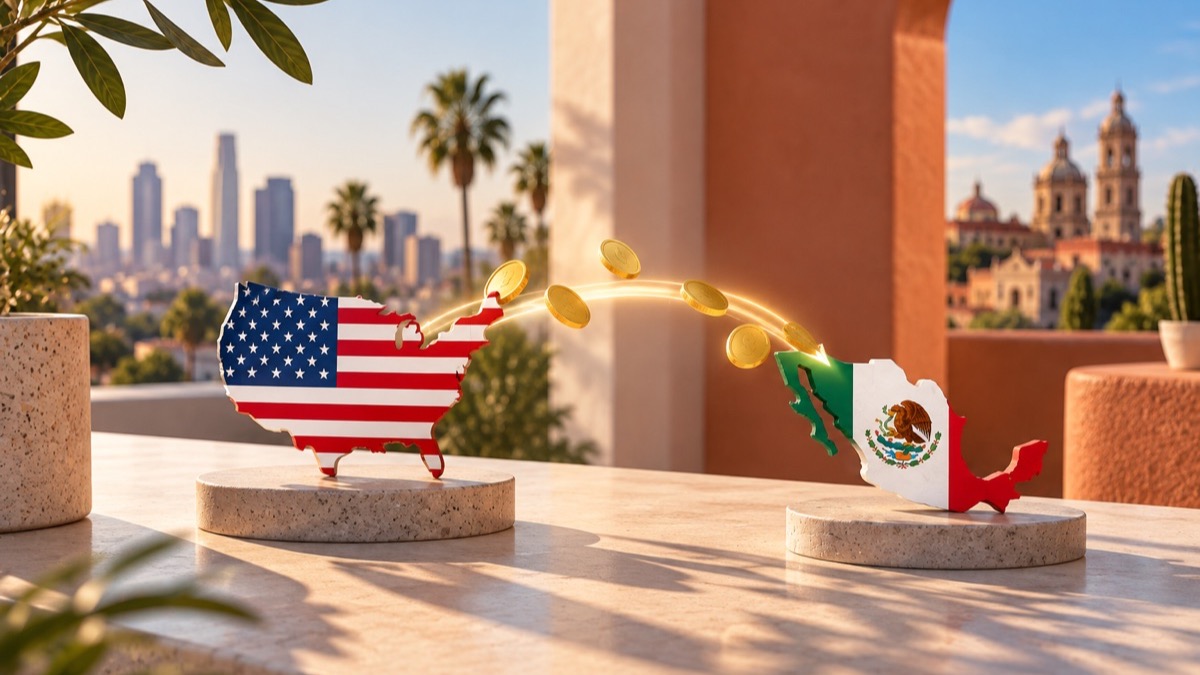 Sending money from the US to Mexico — coins arcing from a US flag map to a Mexico flag map