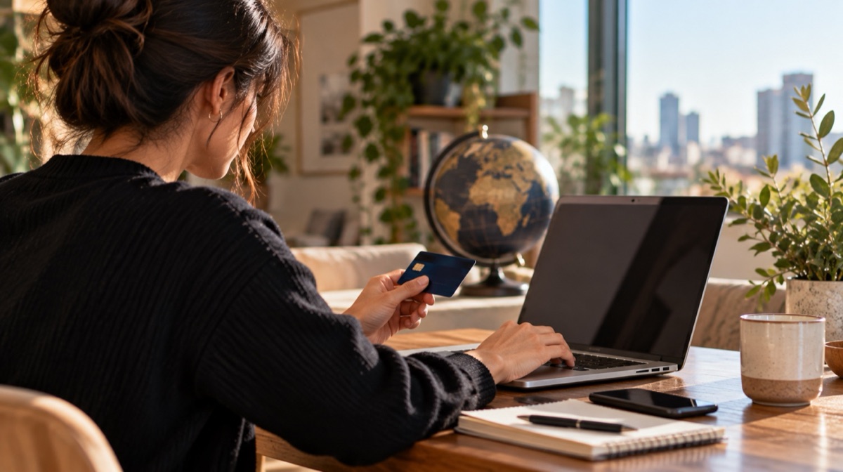 Woman paying for an international money transfer online with a bank card and laptop