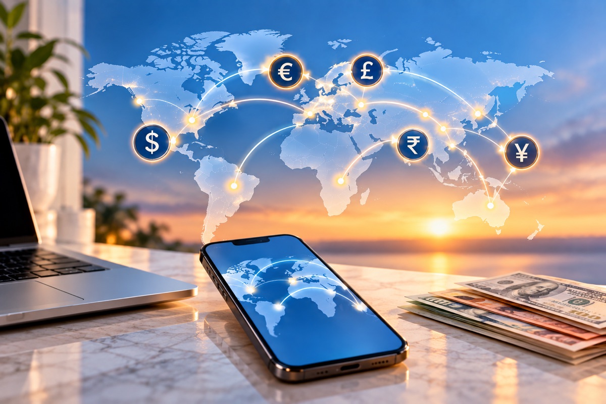 International money transfers — world map with currency routes and a phone