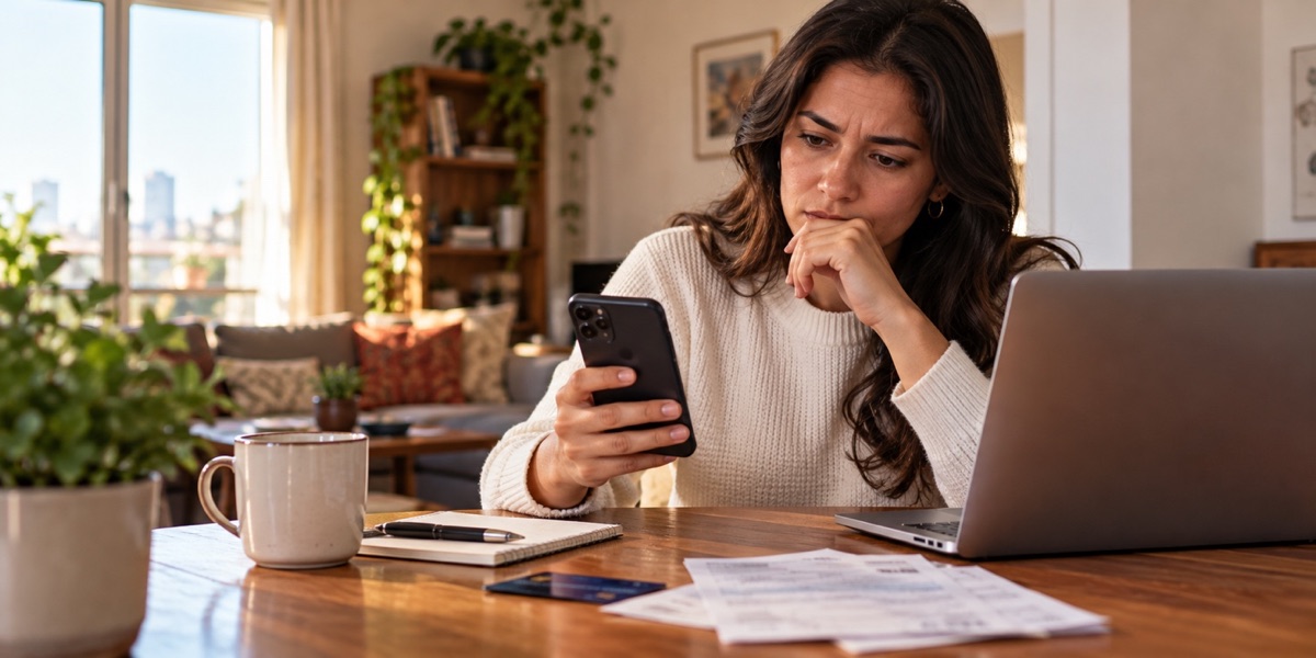Woman checking a money transfer on her phone before confirming it is safe