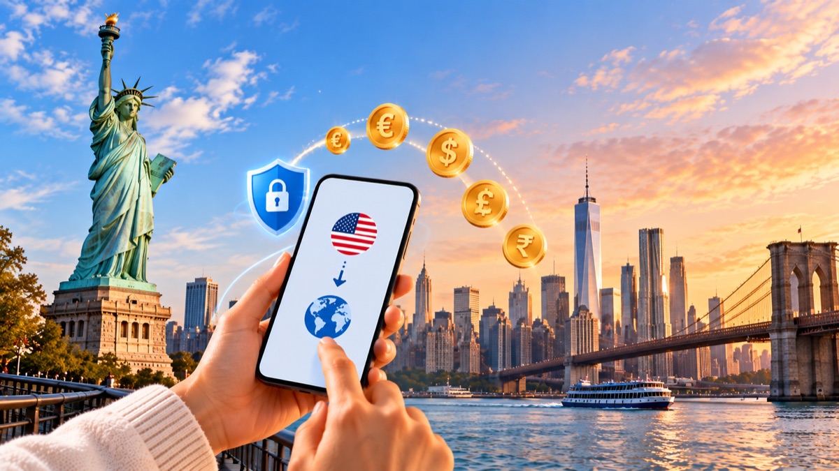 Sending money securely from the U.S. by phone — Statue of Liberty and New York skyline